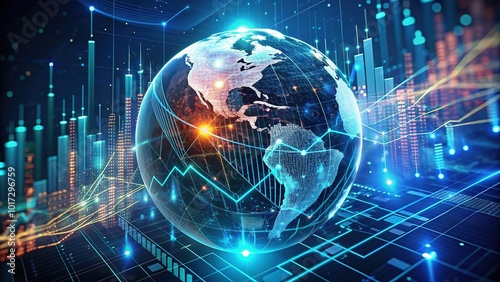 Futuristic digital globe surrounded by graphs, charts, and circuit boards, illustrating artificial intelligence's impact on global finance and economic trends. photo