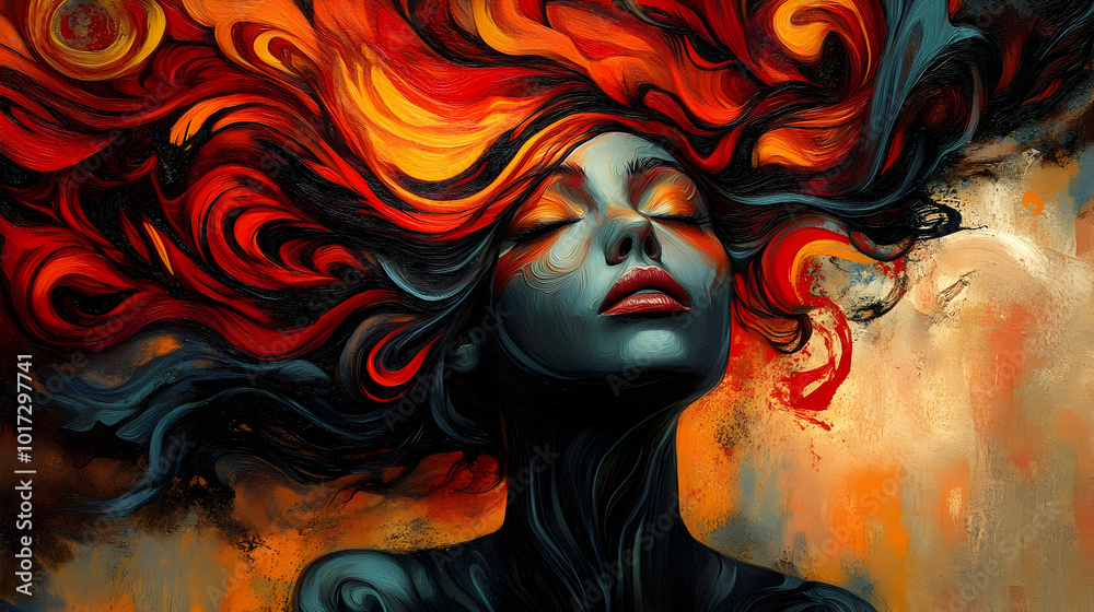 A vibrant, abstract portrayal of a woman with fiery hair.