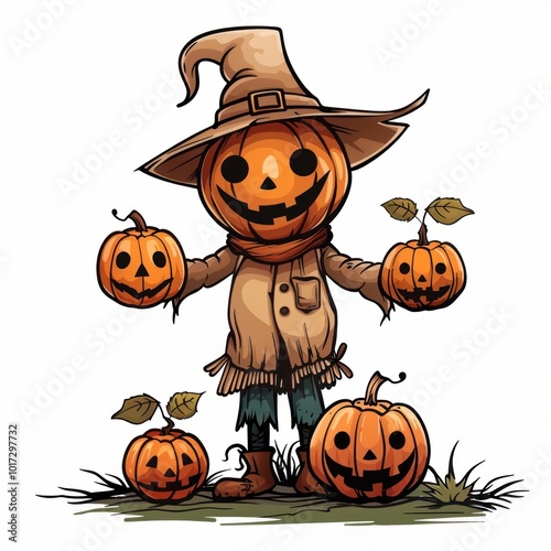 scarecrow cartoon chartacter halloween with pumpkins photo