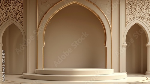 Circular Platform with Ornate Archway and Golden Trim