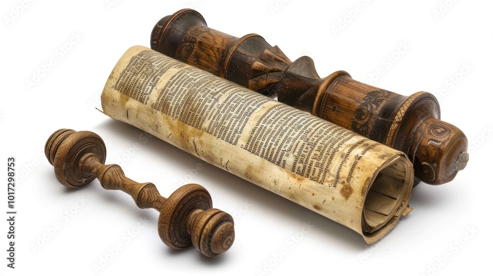 Ancient Torah Scroll Unrolled with Wooden Handles on White Background, Religious Tradition Concept isolated Ancient Torah Scroll Unrolled with Wooden Handles on White Background, Religious Tradition Concept isolated