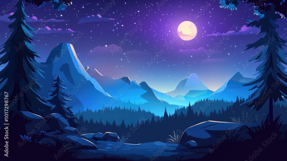 A moonlit landscape with towering mountains and a distant forest A moonlit landscape with towering mountains and a distant forest