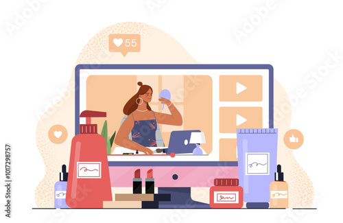 Beauty blogger woman. Young girl with cosmetic products, creams, lotions and lipstick. Attractive person with makeup tutorial. Flat vector illustration isolated on white background