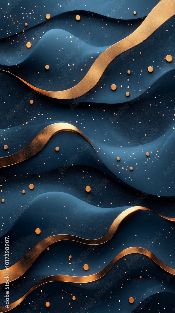 Abstract waves in blue and gold create a dynamic and elegant background design. Abstract waves in blue and gold create a dynamic and elegant background design.
