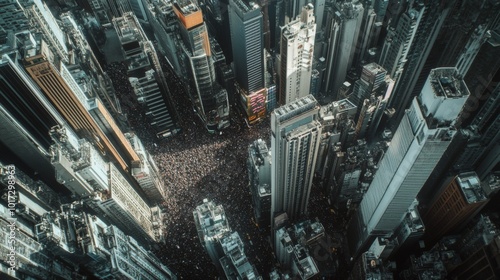 A bird's eye view of a crowded city street with tall buildings on either side.