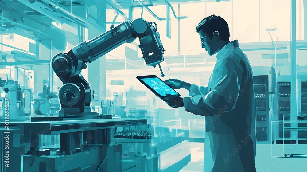 Industry 4.0 , concept of Man hand holding tablet with Augmented reality screen software and blue tone of automate wireless Robot arm in smart factory background. Mixed media. Industry 4.0 , concept of Man hand holding tablet with Augmented reality screen software and blue tone of automate wireless Robot arm in smart factory background. Mixed media.