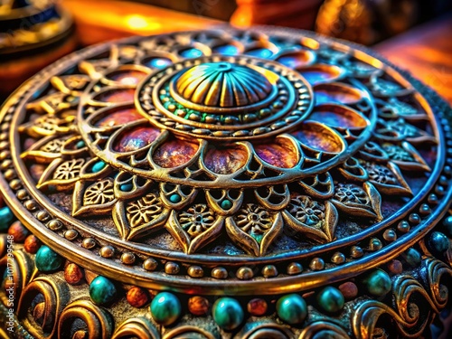 Intricate metallic object displayed on a table, highlighting its texture and fine details in close-up, suitable for artistic and industrial photographic applications.