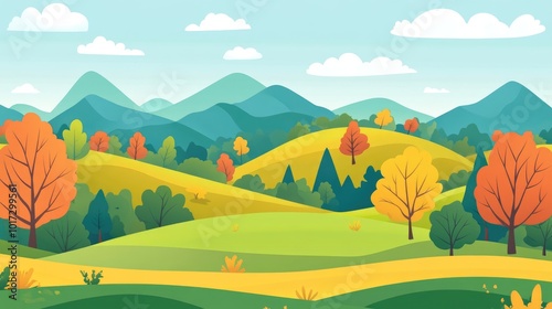 Cartoon Landscape with Colorful Trees and Hills