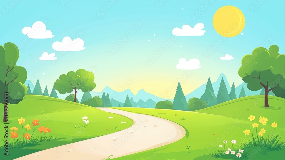 Winding Path Through Lush Green Landscape with a Bright Sun