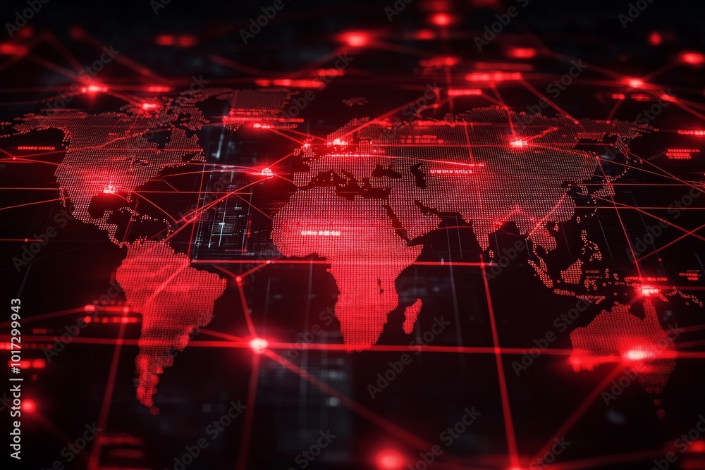 Fototapeta premium Global cyber attack concept with red lines connecting various points on a digital world map, showing multiple hacking attempts.