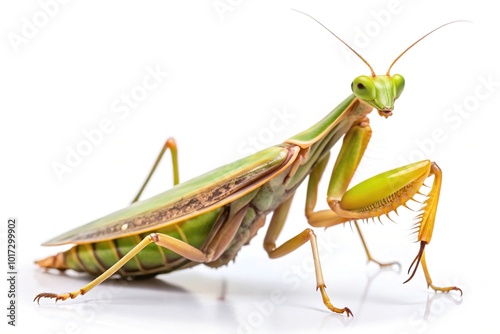 Isolated praying mantis with delicate wings and spiked legs perches on a clean white background, showcasing its intriguing camouflage and stealthy predators' features.