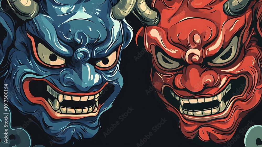 Japanese Demon Masks - Blue and Red. Japanese Demon Masks - Blue and Red.