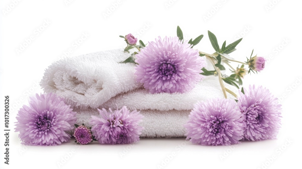 White towels and asters for bathing. White towels and asters for bathing.