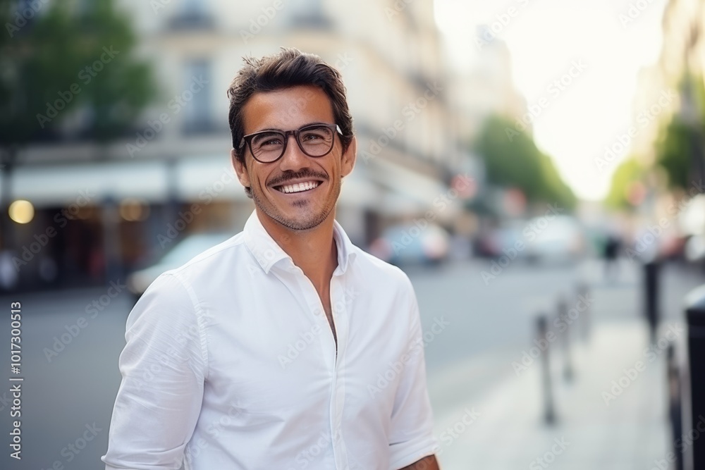 Portrait of handsome man with eyeglasses smiling in urban background Portrait of handsome man with eyeglasses smiling in urban background