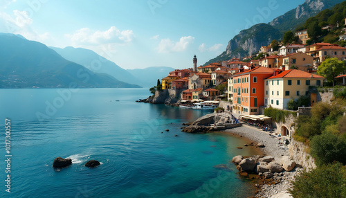 View of the A landscape view of the Sveti Stefan bay in Montenegro during a sunny day
