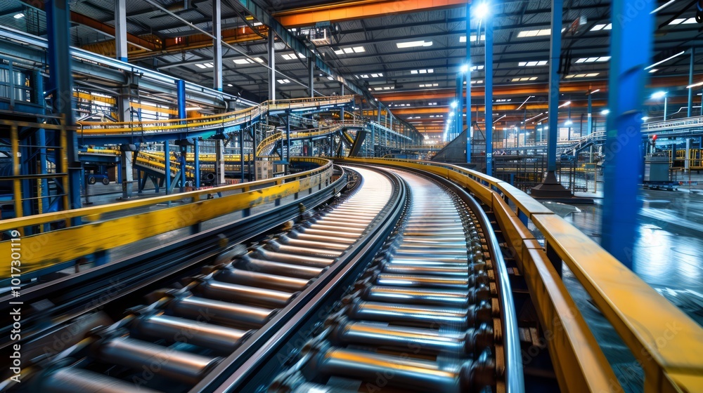 Conveyor belts and industrial heavy machinery in a large factory, showing a complex network of moving parts and processes Conveyor belts and industrial heavy machinery in a large factory, showing a complex network of moving parts and processes