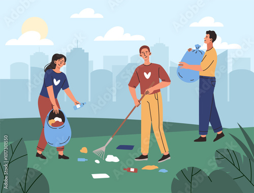 People clean park. Boys and girls collect trash in park. Caring for nature and environment. Activists and volunteers fight against environmental pollution. Flat vector illustration