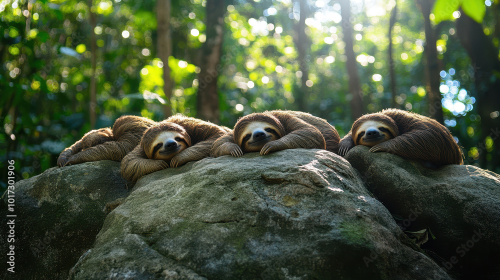Sloths are sunbathing on large rocks in lush green forest, enjoying peaceful moment in nature. Their relaxed expressions convey sense of tranquility and contentment Sloths are sunbathing on large rocks in lush green forest, enjoying peaceful moment in nature. Their relaxed expressions convey sense of tranquility and contentment