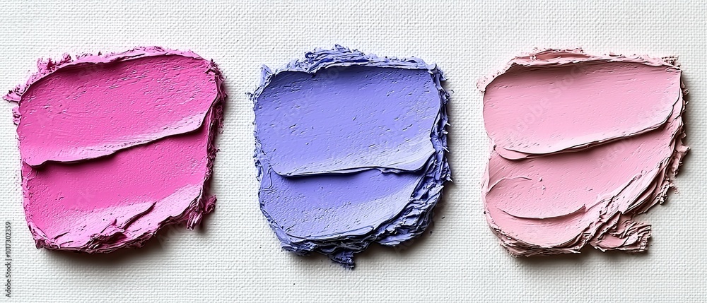 Three textured paint swatches in pink, purple and a lighter pink, on a white background. Three textured paint swatches in pink, purple and a lighter pink, on a white background.