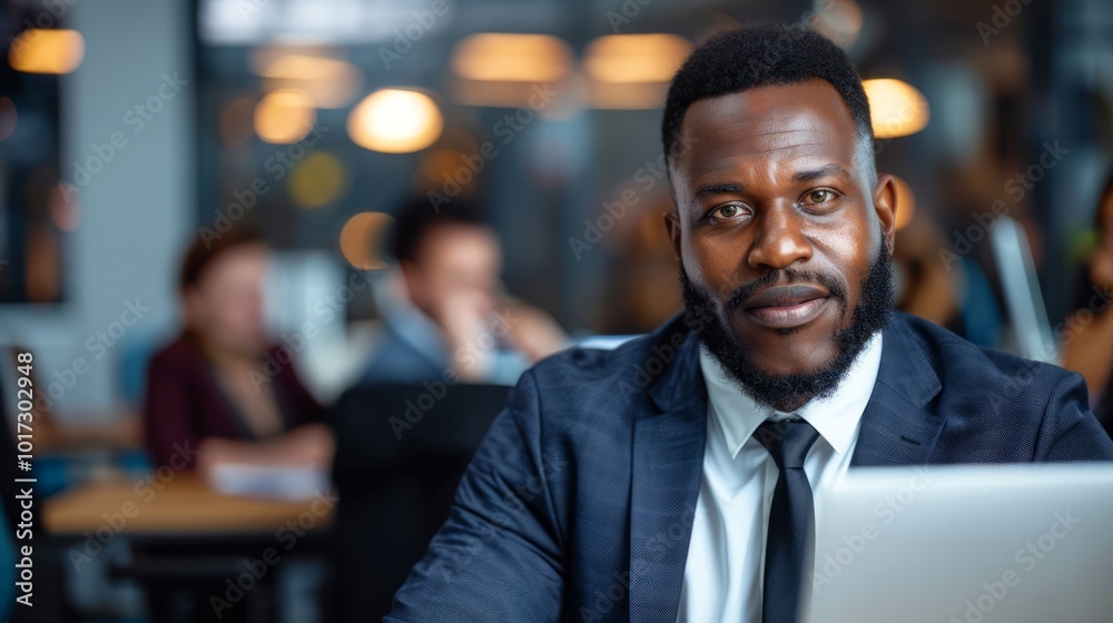 Businessman of African descent in a modern office setting, engaging in a video conference with colleagues, wearing a tailored suit and showing a focused expression Businessman of African descent in a modern office setting, engaging in a video conference with colleagues, wearing a tailored suit and showing a focused expression