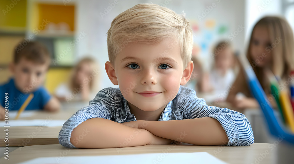 A young boy smiles at the camera in a classroom setting. A young boy smiles at the camera in a classroom setting.