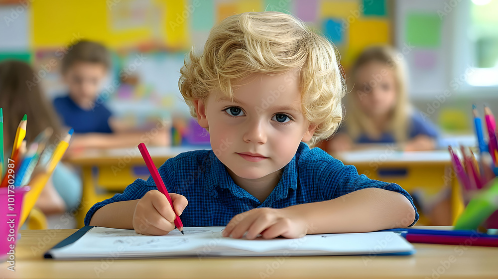 A young child drawing in a classroom, focused on creativity. A young child drawing in a classroom, focused on creativity.