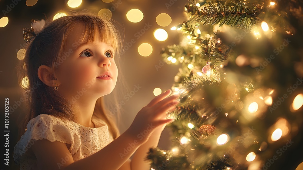A Young Girl Gazing at a Decorated Christmas Tree with Wonder A Young Girl Gazing at a Decorated Christmas Tree with Wonder