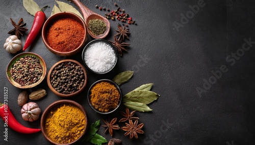 Spices Turmeric, pepper powder and dried parsley shot from above,  Generative AI