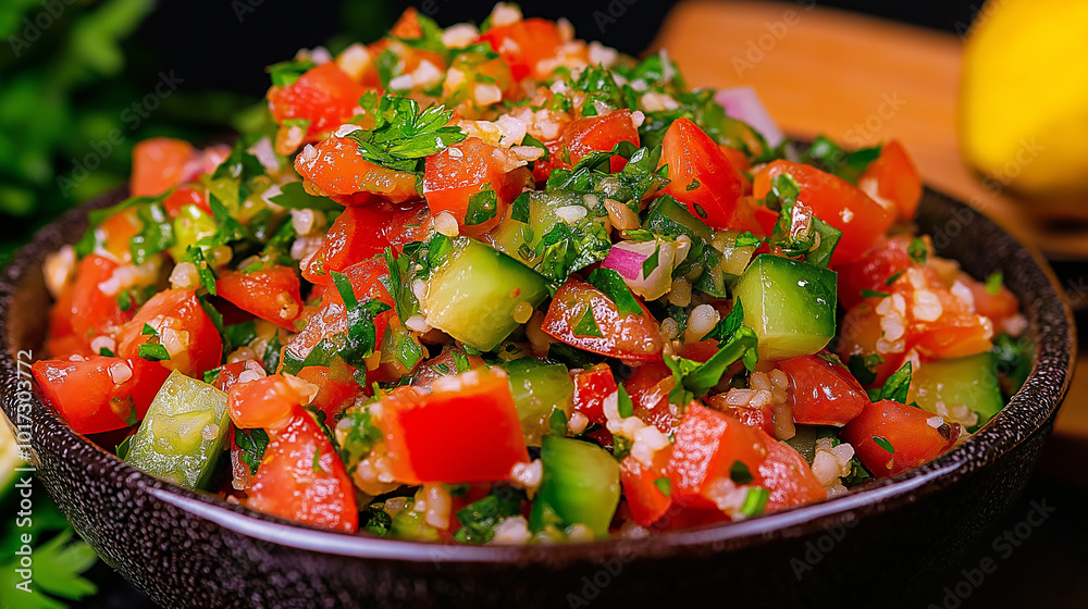 Fresh vegan Tabbouleh salad made of tomato,cucumber, parsley, onion and bulgur in bowl. Fresh vegan Tabbouleh salad made of tomato,cucumber, parsley, onion and bulgur in bowl.