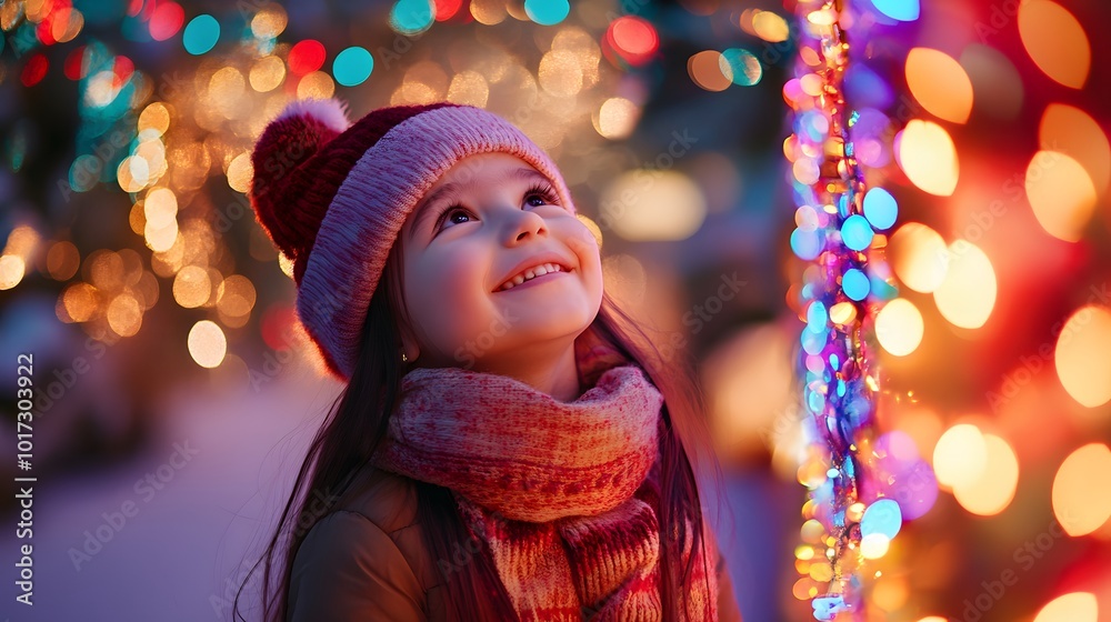 A Young Girl Gazing Up at Festive Christmas Lights A Young Girl Gazing Up at Festive Christmas Lights