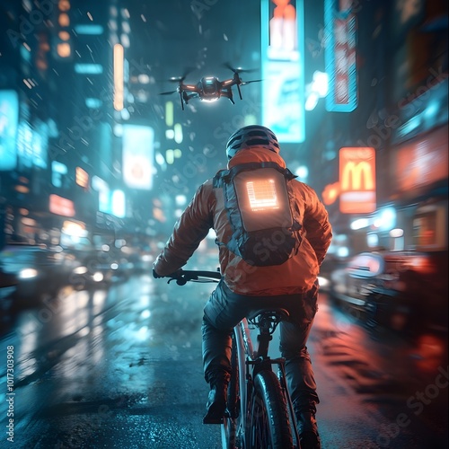 Cyclist riding through a neon lit futuristic city at night with towering skyscrapers and flying drones in the background illustrating the innovative future of urban transportation and mobility