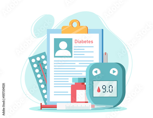 Diabetes mellitus concept. Tablets and apparatus for measuring insulin and blood sugar levels. Healthcare and medicine. Diagnosis and treatment. Flat vector illustration isolated on white background