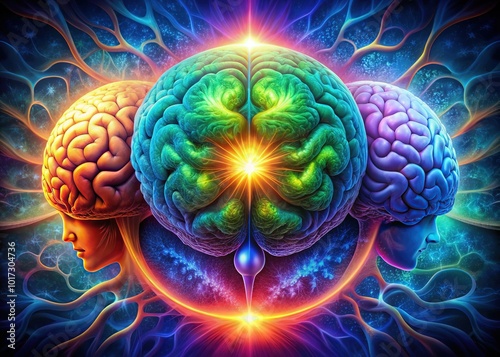 Vibrant illustration of the triune brain concept, showcasing reptilian, limbic, and neocortex sections in a harmonious, interconnected balance, symbolizing emotional and rational unity. photo