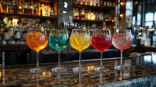 Five vibrant gin tonic drinks in wine glasses are shown on the bar counter of a restaurant or pub. 