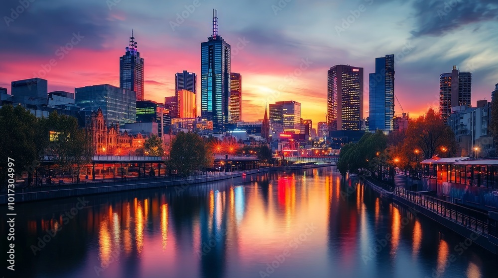 Fototapeta premium Urban skyline at dusk with a motivational quote, highlighting ambition and progress in a modern world.
