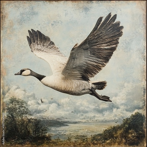 A Goose in Flight: A Vintage Watercolor Painting