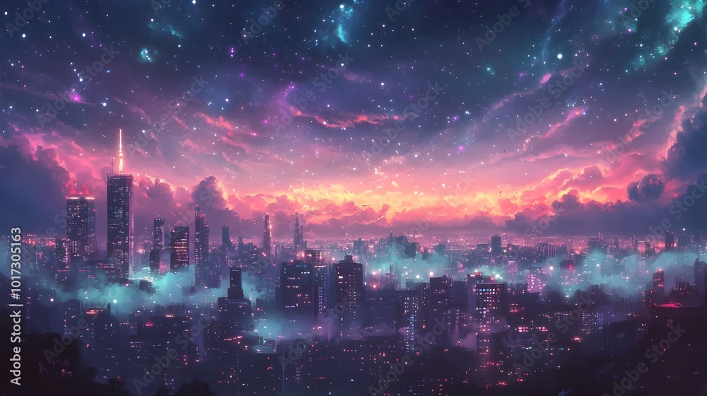 Fototapeta premium Dreamy Night Sky Filled with Twinkling Stars and Soft Pastel Clouds Drifting Over a Vintage Cityscape Below Giving Off a Magical 80s Glow and Ethereal Atmosphere