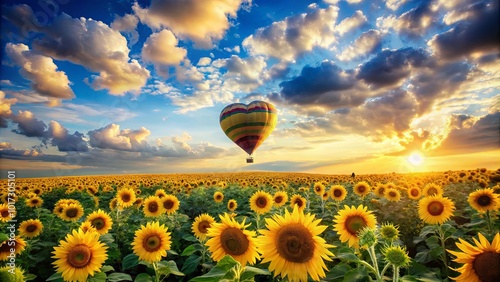 Heart-shaped balloon soaring over a field of sunflowers at sunset, a vibrant spectacle of nature's beauty