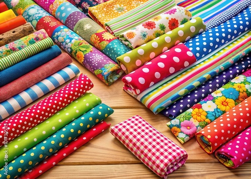 Vibrant textiles of various patterns and colors, including floral, stripes, and polka dots, are neatly organized on a wooden table, awaiting creative transformation. photo