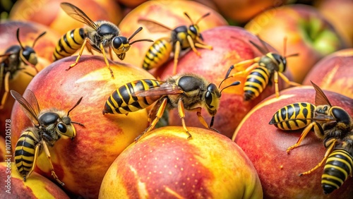 Vibrant yellow and black striped wasps, also known as yellowjackets, swarm around a sweet, ripe peach, creating a buzzworthy scene in the warm summer sunlight. photo