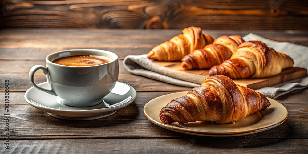 A Warm Cup of Coffee and a Selection of Croissants Ready to Enjoy on a Rustic Wooden Table A Warm Cup of Coffee and a Selection of Croissants Ready to Enjoy on a Rustic Wooden Table