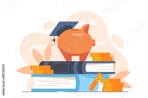 Education fund concept. Piggy bank with graduation hat and stack of books. Learning and training. Financial services. Academic pension. Flat vector illustration isolated on white background photo