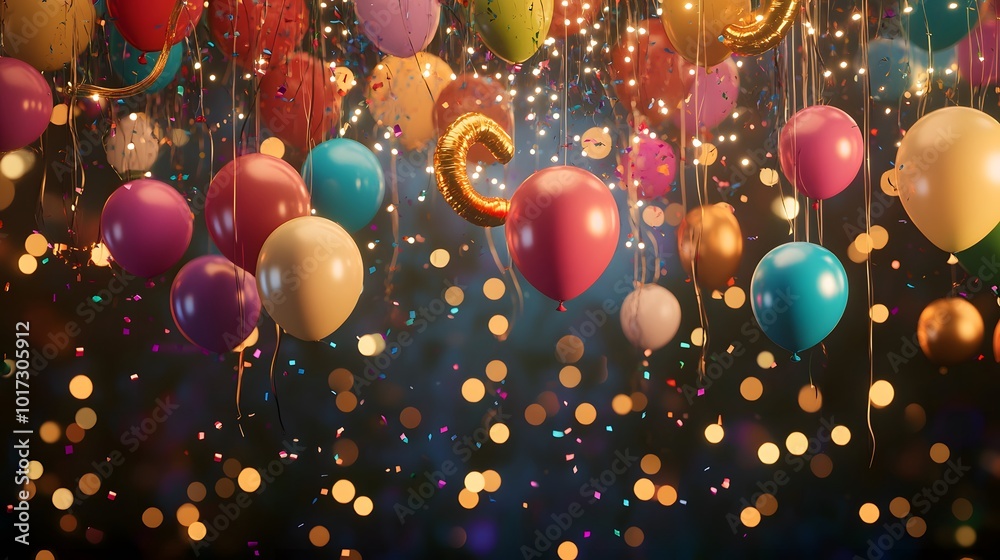 Colorful Balloons, Confetti, and String Lights Hanging Against a Dark Background Colorful Balloons, Confetti, and String Lights Hanging Against a Dark Background