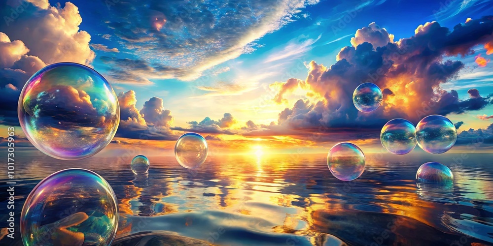 A symphony of iridescent bubbles dance upon the tranquil surface of a golden sunset, reflecting the vibrant hues of the sky and the deep blue of the sea. A symphony of iridescent bubbles dance upon the tranquil surface of a golden sunset, reflecting the vibrant hues of the sky and the deep blue of the sea.