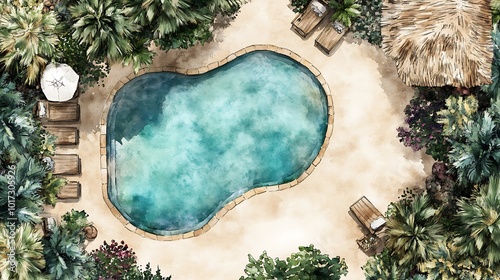 Watercolor Illustration of a Tropical Pool and Patio.