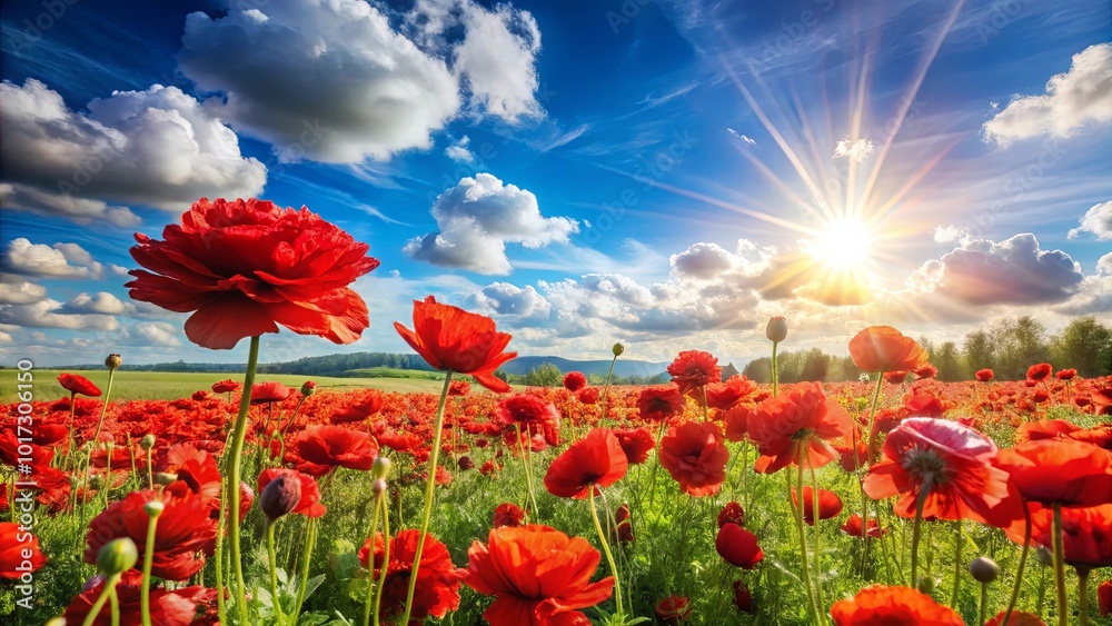 A sea of vibrant red poppies reaching towards a brilliant sun in a blue sky with puffy white clouds A sea of vibrant red poppies reaching towards a brilliant sun in a blue sky with puffy white clouds