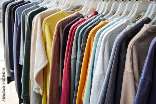 A row of colorful sweaters hanging on hangers in a store or market. Colorful Clothes Hanging on Hangers Background.