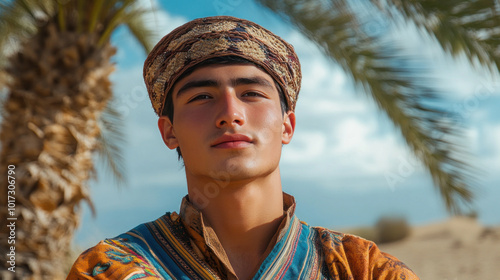 Hispanic man wearing traditional uyghur ethnic cloth at desert with palm tree photo