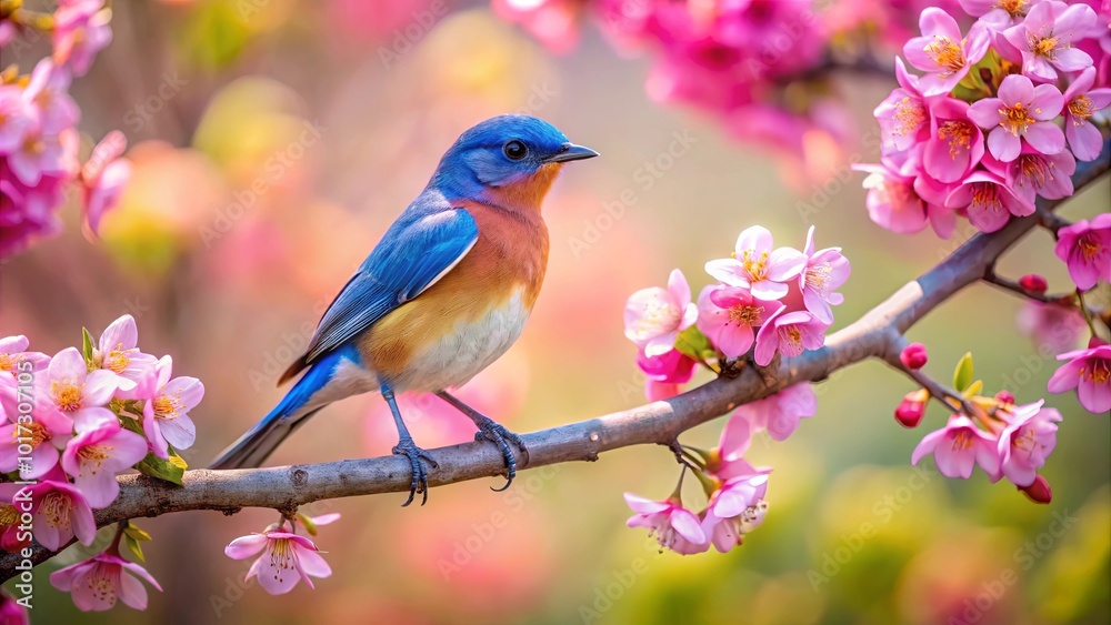 A vibrant blue bird perched on a slender branch adorned with delicate pink blossoms, a symbol of spring's arrival and the beauty of nature's renewal. A vibrant blue bird perched on a slender branch adorned with delicate pink blossoms, a symbol of spring's arrival and the beauty of nature's renewal.