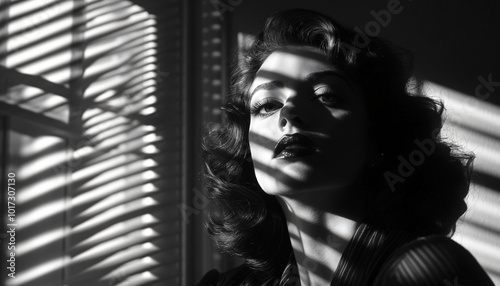 Use harsh, high-contrast black-and-white lighting to mimic the classic film noir aesthetic, with the subject dressed in vintage attire and framed in dramatic shadows cast by window blinds